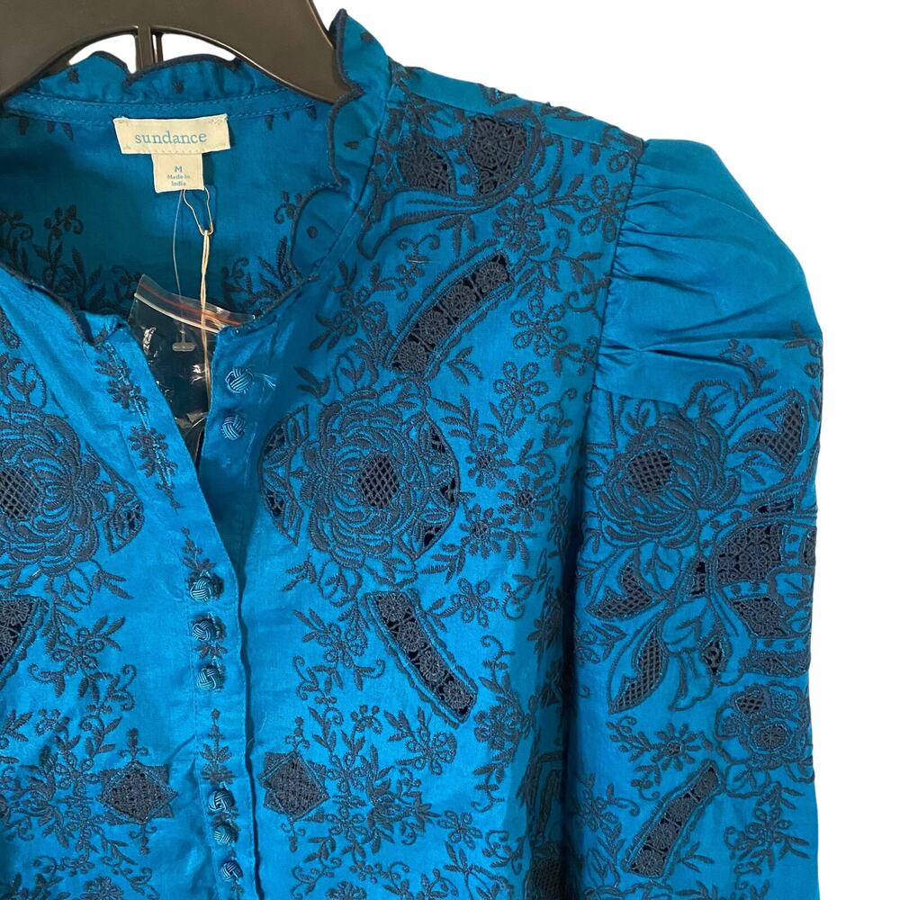 Sundance Teal & Black Floral Button-Front Blouse - Picture 4 of 11